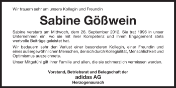 Traueranzeige von Sabine Gößwein von Pegnitz-Zeitung